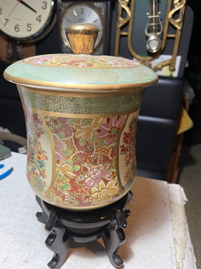 薩摩焼色絵美人桜図水差し 水差し、 九谷焼金彩色絵水差し、水差し、茶道具