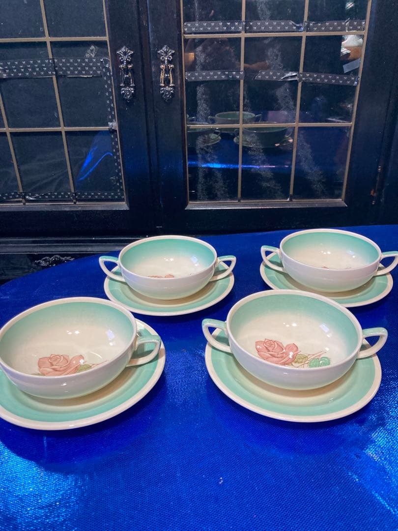 スージークーパー　パトリシアローズ　スープカップ　ソーサー　グリーン　4客分