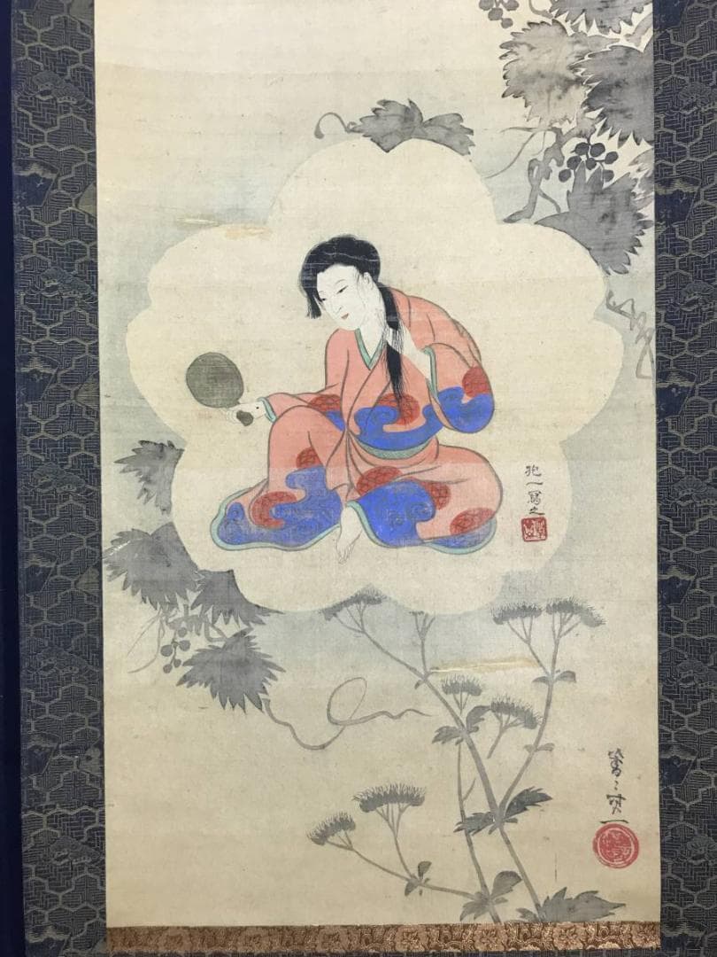 【模写】酒井抱一/青々其一/合作/秋草美人画/美人図/掛軸/名家伝来AC-492