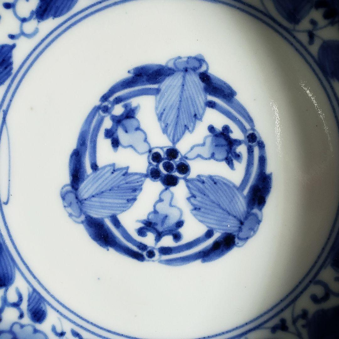 なます皿　古伊万里　染付　江戸　花唐草　五弁花　蛇の目　渦福　ロ号　訳あり