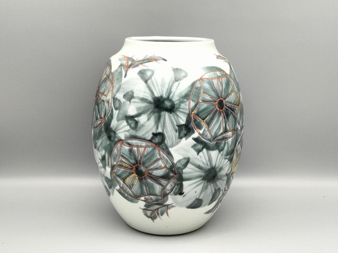 痴陶人作 色絵緑釉金箔蓬莱文 花瓶　と同作 色絵カナリヤ文向付(サービス品)