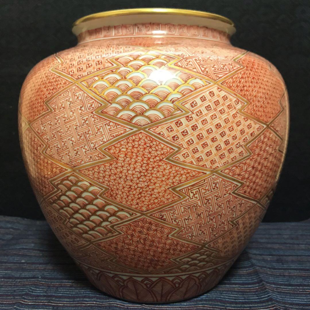 三代冨田松鶴本人作　赤絵吉祥小紋花瓶　本物保証