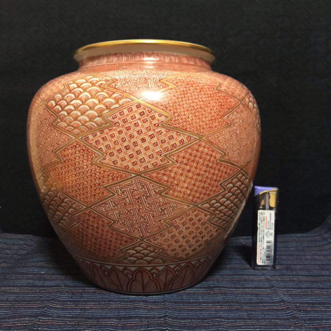 三代冨田松鶴本人作　赤絵吉祥小紋花瓶　本物保証