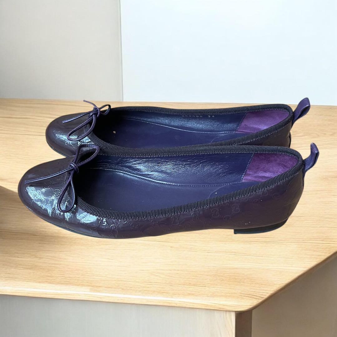 GUCCI フラット　バレエシューズ　レザー　ダークパープル　CG柄　36