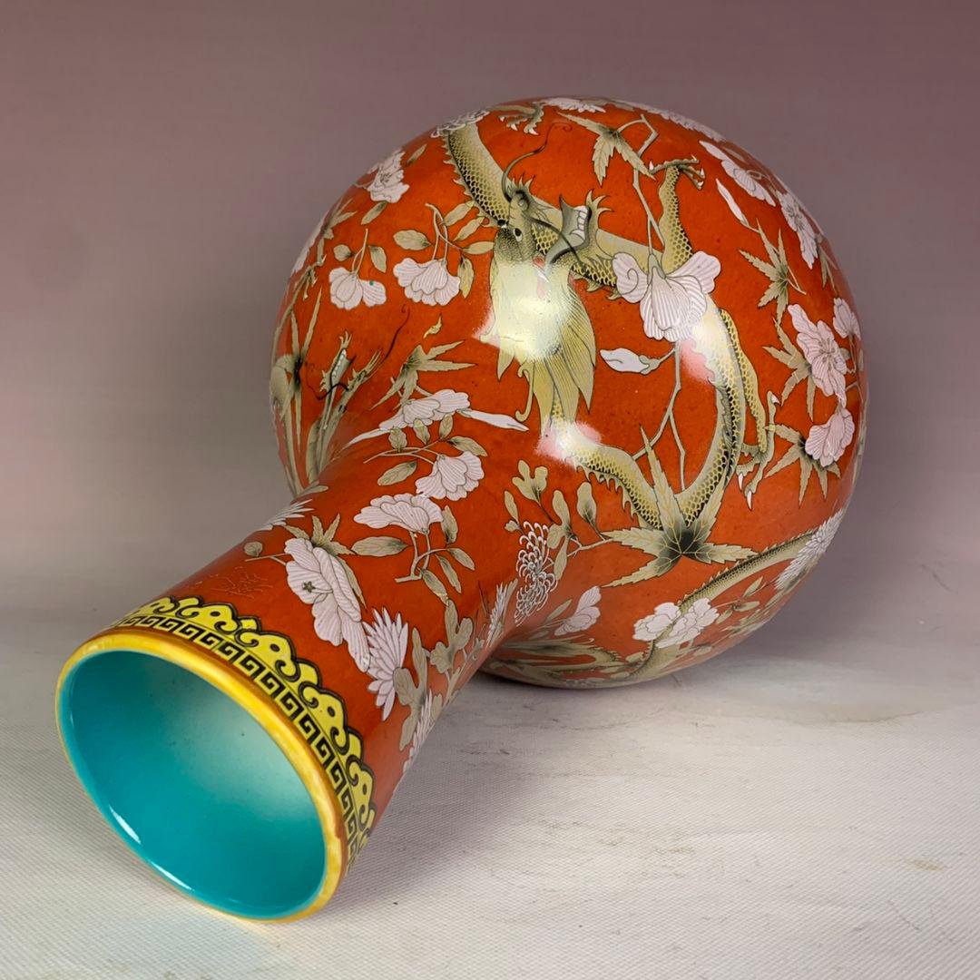 永楽長春ばん紅竜紋着花天球花瓶 景徳鎮 陶磁器 装飾品 現代工芸品美術品 置物