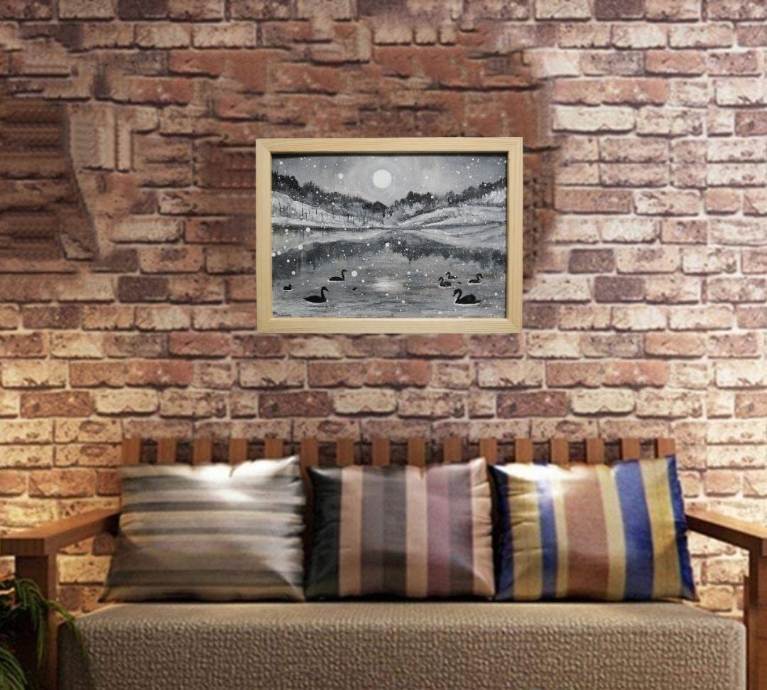 油絵 油彩 油彩画 絵 絵画 【白黒風景のハクチョウ池】