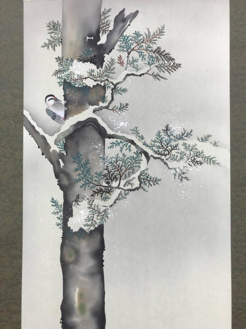 複製/酒井抱一/檜に啄木鳥図/桧にキツツキ図/花鳥図/掛軸☆宝船☆AH-773