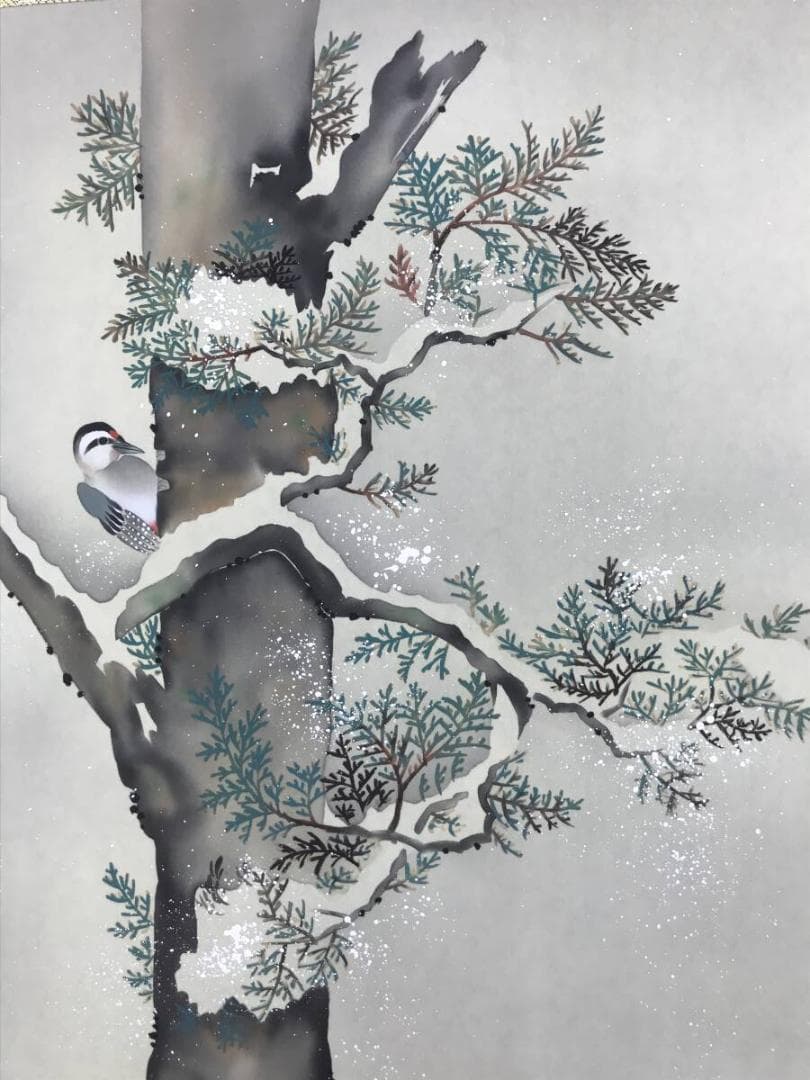 複製/酒井抱一/檜に啄木鳥図/桧にキツツキ図/花鳥図/掛軸☆宝船☆AH-773