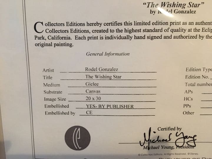 ディズニー 絵画 ピノキオ「ザ・ウィッシング・スター」作品証明書 限定50部