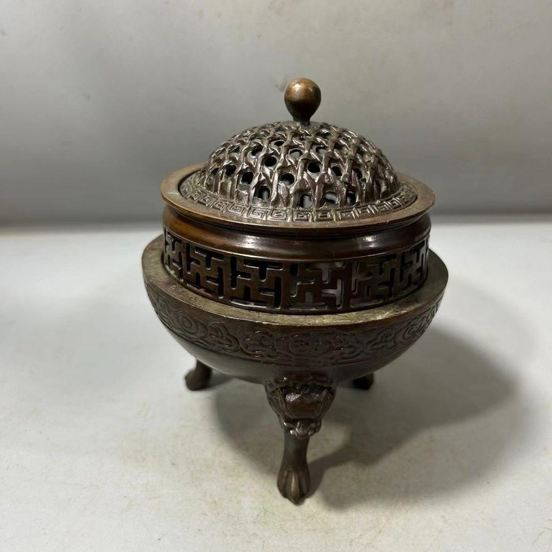 銅器 三層獅足祥雲紋薫香炉 茶道檀香炉 盤香炉 仏具 工芸品 置物