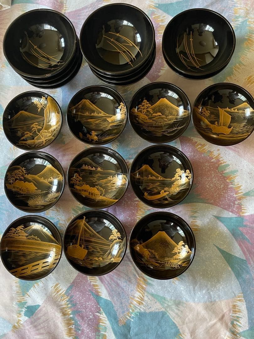 【輪島塗】漆器 椀 10個セット 黒 金色装飾 蒔絵　富士山