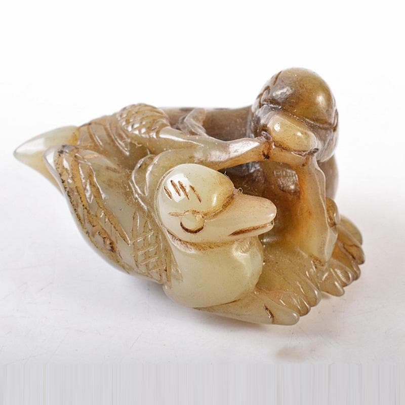 中国　玉石彫刻　親子鳥彫　根付　紙鎮　置物　C　7757E