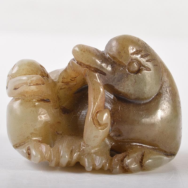 中国　玉石彫刻　親子鳥彫　根付　紙鎮　置物　C　7757E