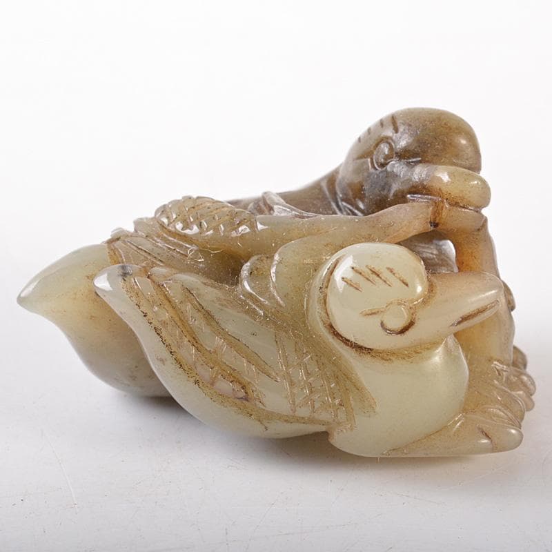 中国　玉石彫刻　親子鳥彫　根付　紙鎮　置物　C　7757E