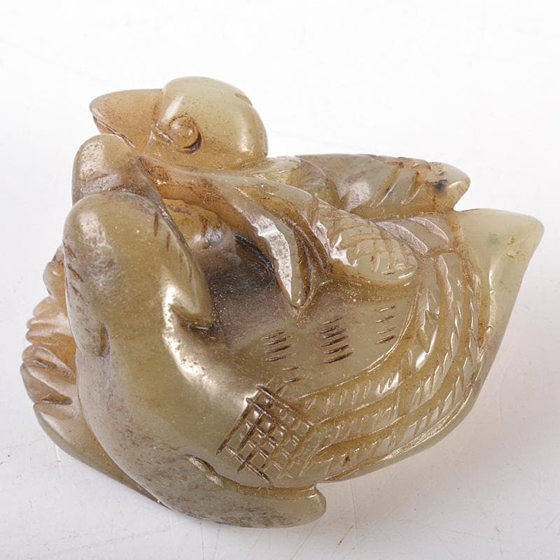 中国　玉石彫刻　親子鳥彫　根付　紙鎮　置物　C　7757E