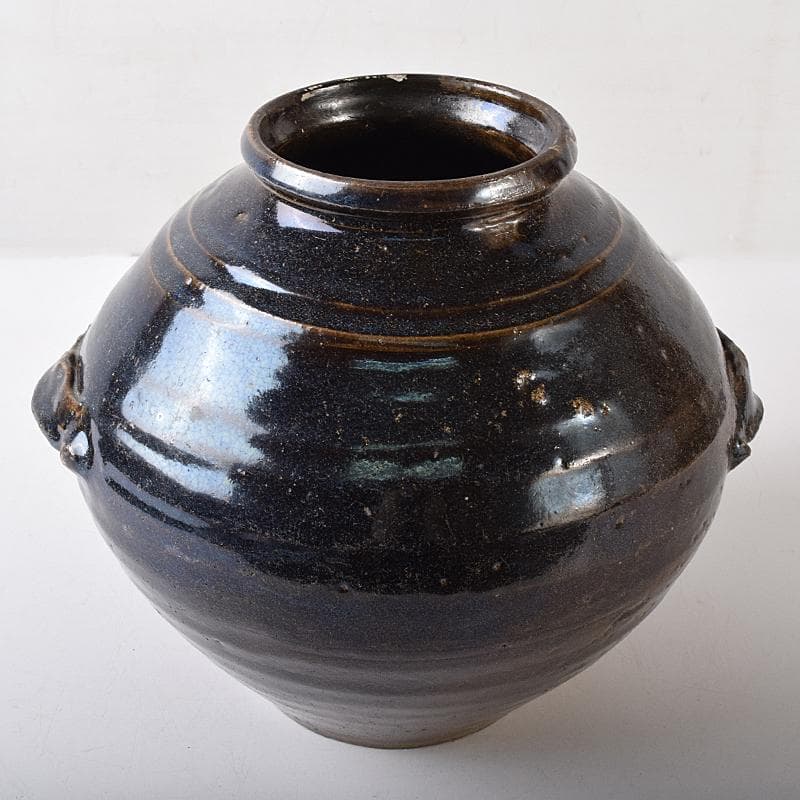 朝鮮美術　李朝　高麗黒釉　双耳壷　時代箱付　V　R8409B