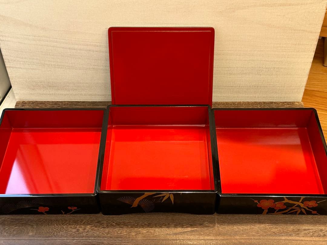 【未使用】会津塗 木製漆器 重箱 3段 松竹梅柄