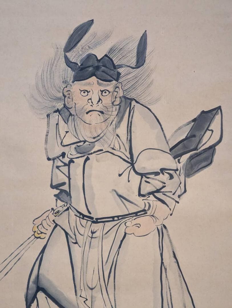 【真作】掛軸　魔除けの武神像　勇壮なる鍾馗図　墨彩一幅　　U160