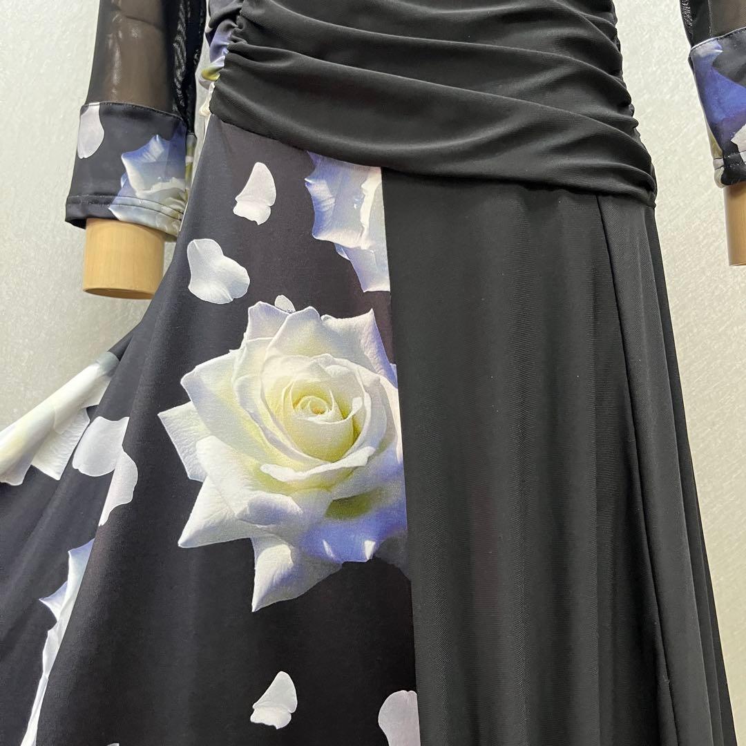 新品 社交ダンス ワンピース ブラック バラ柄　プリント サイズML