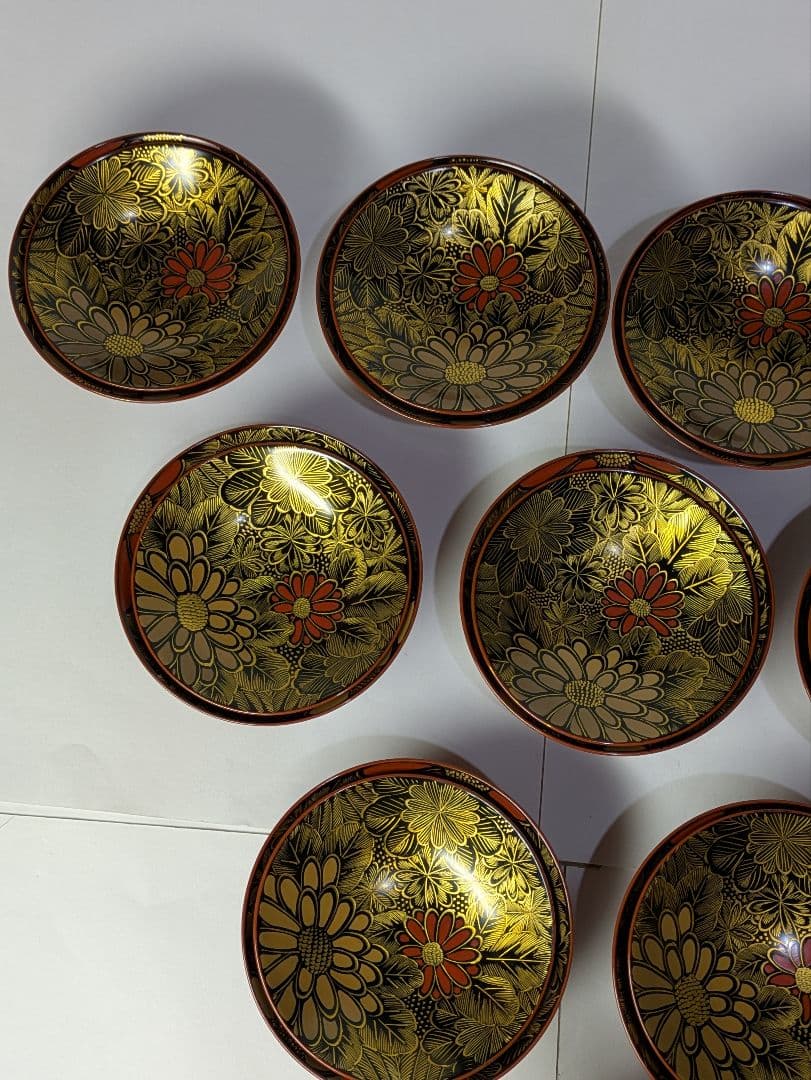 リケさん専用輪島塗、蒔絵金彩細工、沈金菊模様、木製、蓋付椀、吸物椀、10客、箱付