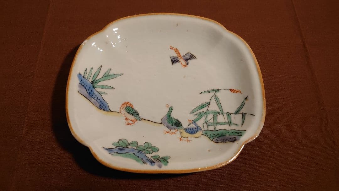 古九谷　九谷焼　芦かもの図　葉皿　　アンティーク九谷焼　１客
