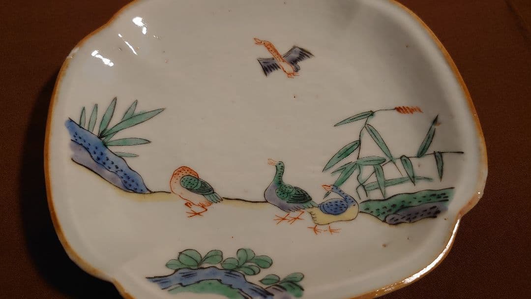 古九谷　九谷焼　芦かもの図　葉皿　　アンティーク九谷焼　１客