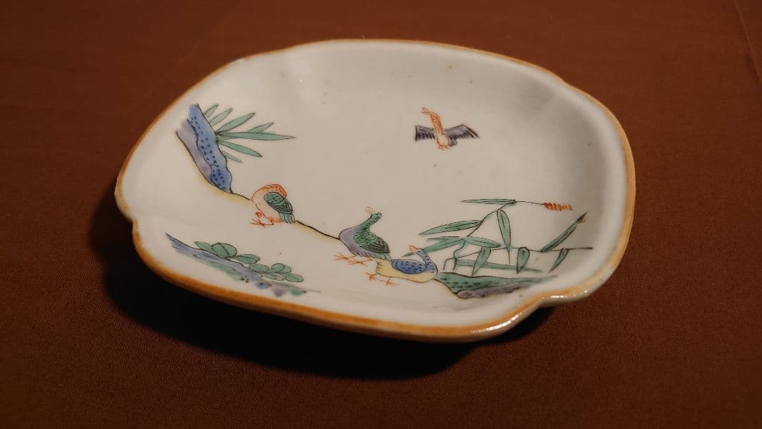 古九谷　九谷焼　芦かもの図　葉皿　　アンティーク九谷焼　１客