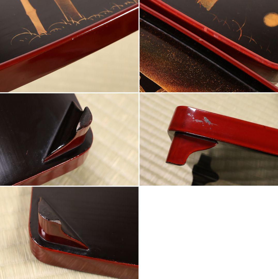 木製漆器 竹鶏蒔絵 吸物膳 五客 溜塗 黒塗 足付 四方膳 茶懐石 CM387