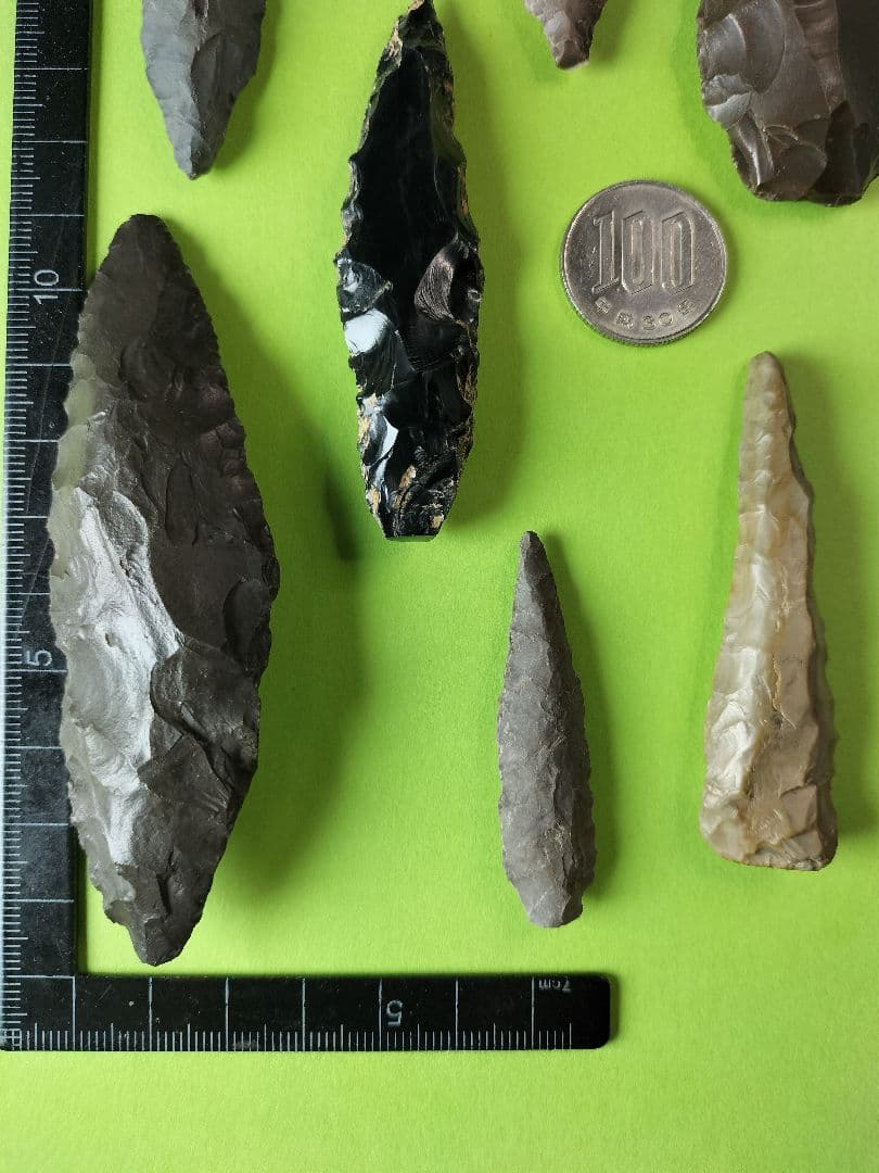 石器セット 出土品 (石槍、石錐、石篦、他計7点) 硬質頁岩(チャート)含む！
