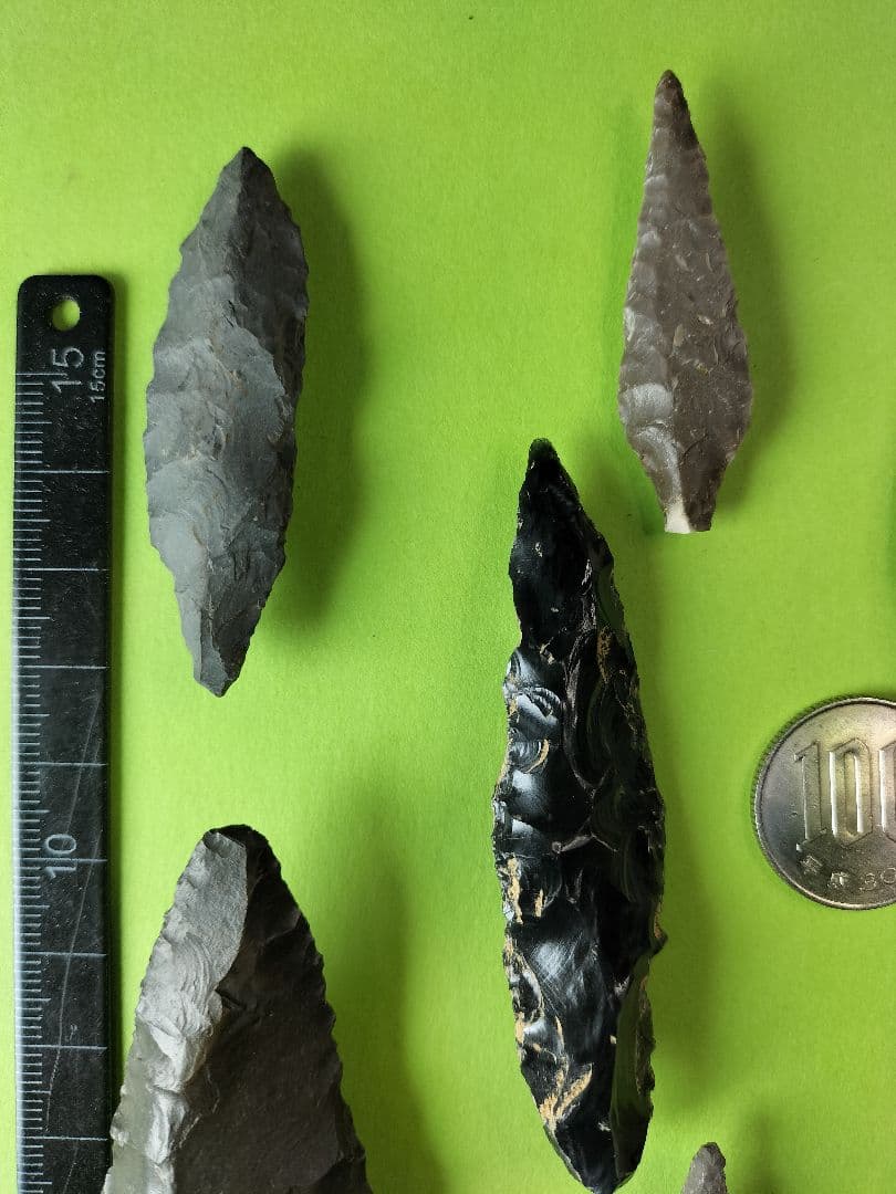 石器セット 出土品 (石槍、石錐、石篦、他計7点) 硬質頁岩(チャート)含む！