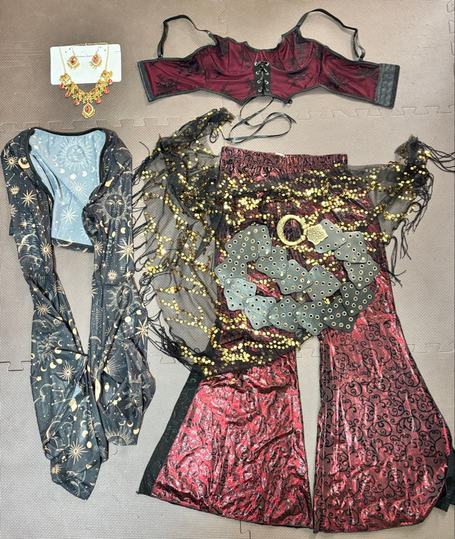 【新品】ベリーダンス衣装★パンツタイプ！ボルドー×ブラック×ゴールド★セット