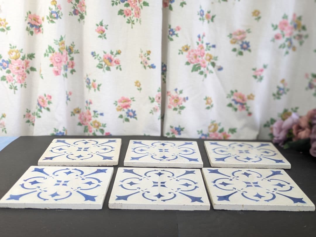 イギリス アンティーク ブルー&ホワイト タイル 6枚セット