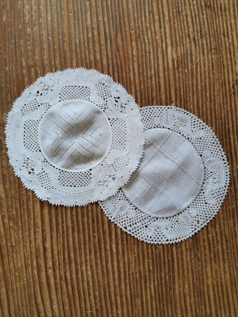 アンティークベルギー フランダースレース ドイリー 透かしクロス格子 2枚セット