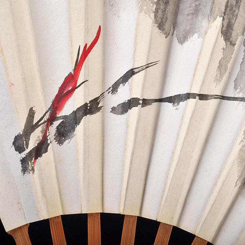 中国　雲溪竹人刻親骨　水墨画　漢詩花図　扇子　M　R8853