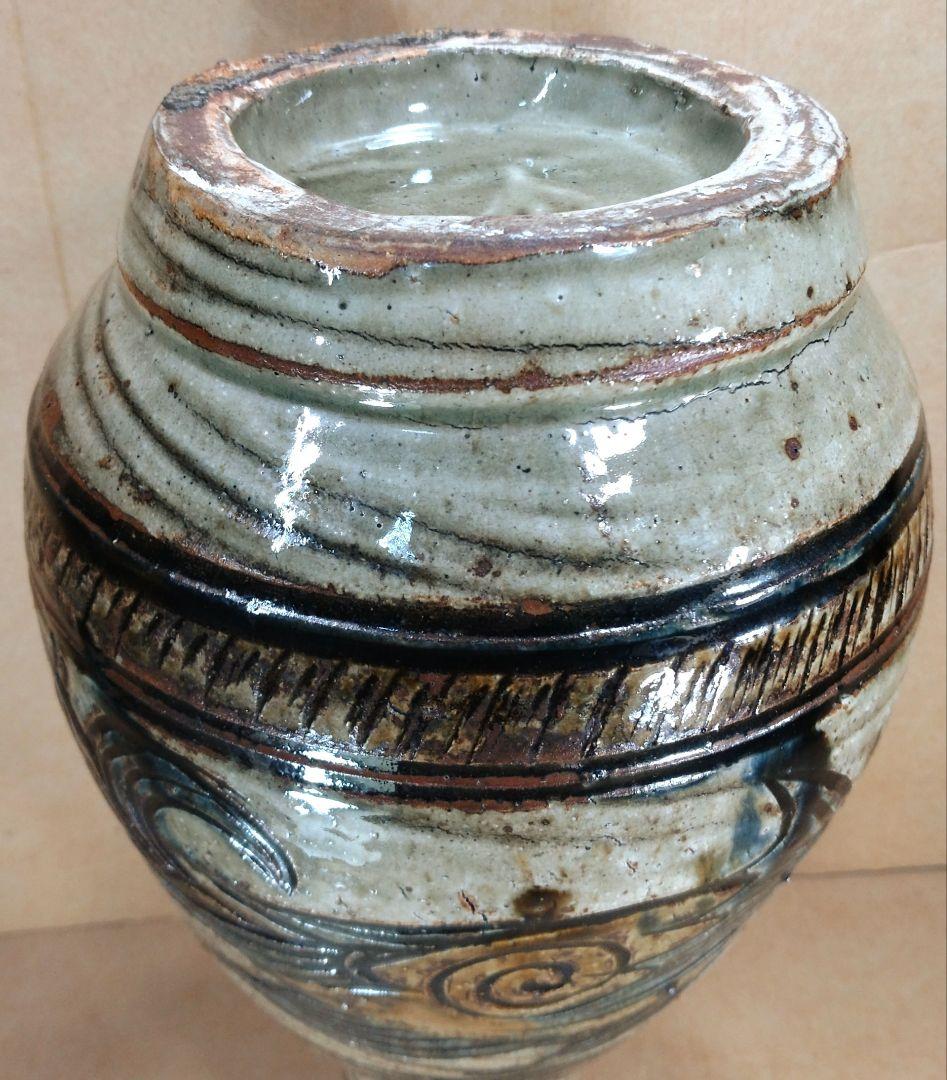 読谷初期【本物保証】金城次郎 魚紋花瓶 共箱 本人書付 h33㎝超 栞 人間国宝