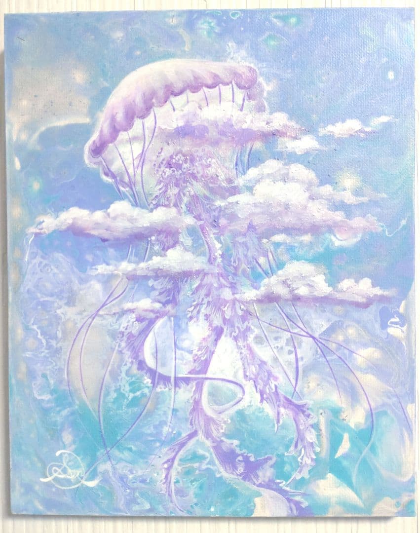 クラゲの油絵【浮遊】作者サイン入り/真作/F3号キャンバス