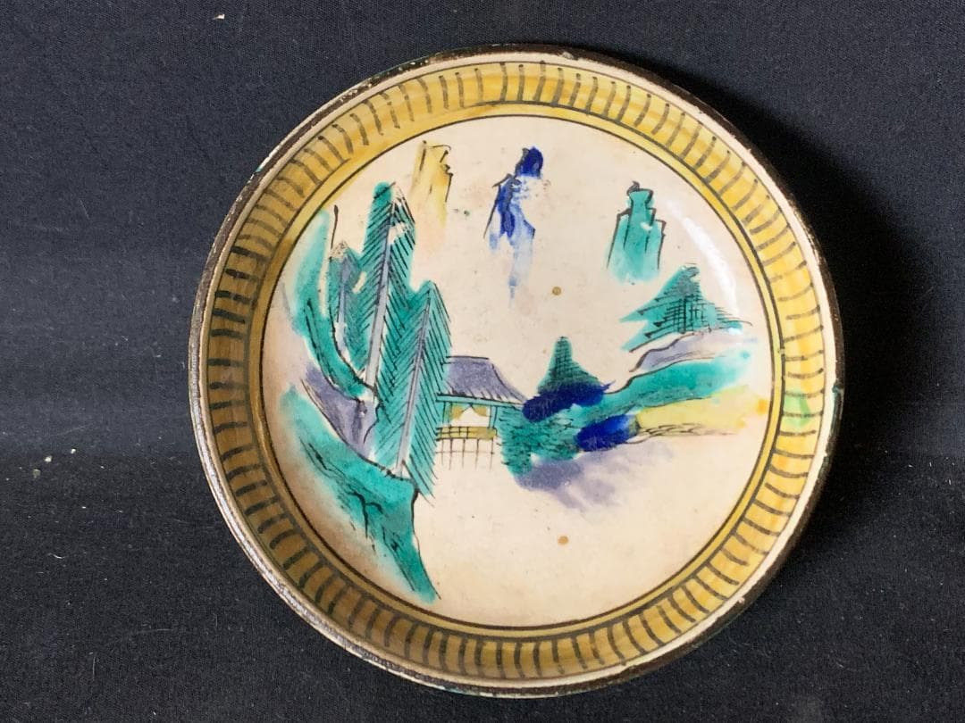 古九谷 青手 色絵 山水図 小皿5客 江戸後期 九谷焼 875