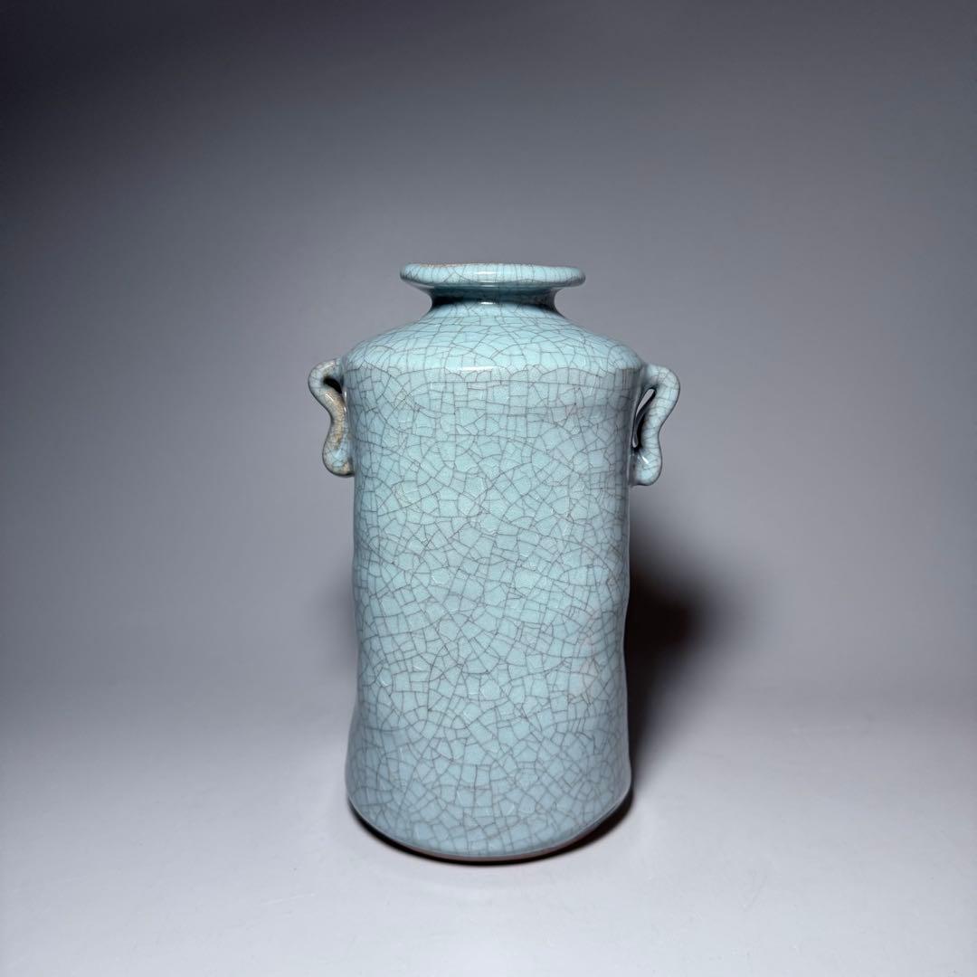 国重要無形文化財指定　中島宏　青磁耳付花生　高さ21cm　美しい貫入　共箱布　栞