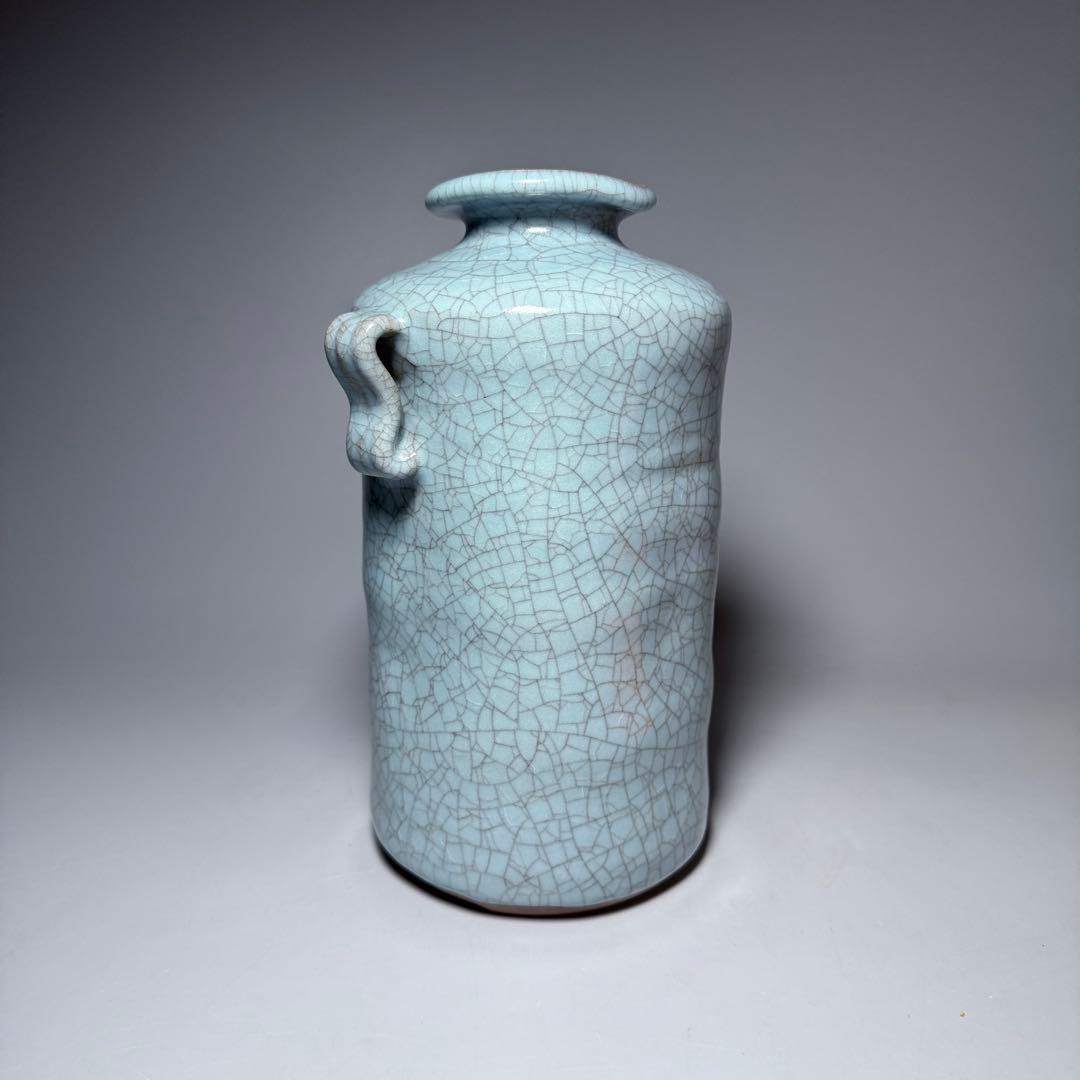 国重要無形文化財指定　中島宏　青磁耳付花生　高さ21cm　美しい貫入　共箱布　栞