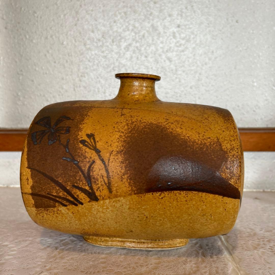 陶器 花瓶 中型 茶色と黄土色