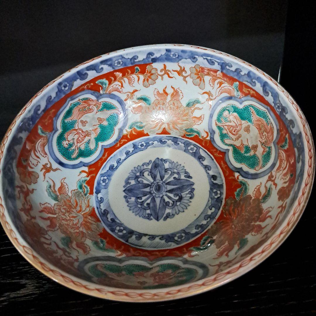 江戸中期　赤絵金彩　染錦　７寸中鉢　富貴長春　花窓 獅子図