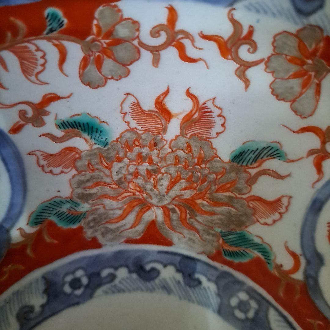 江戸中期　赤絵金彩　染錦　７寸中鉢　富貴長春　花窓 獅子図