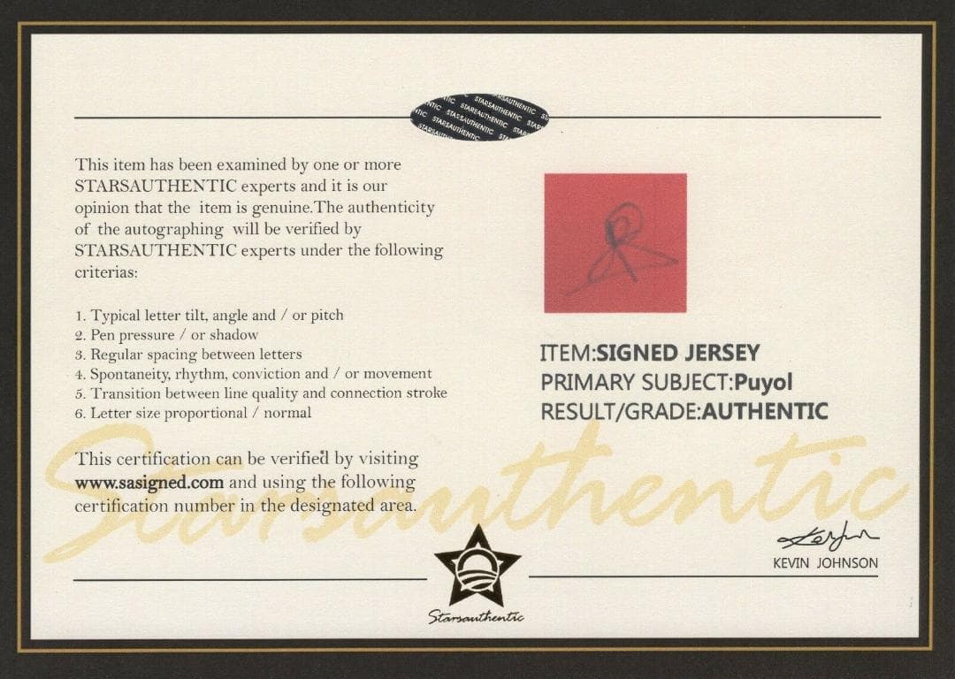 直筆サイン入りユニフォーム カルレス・プジョル FC バルセロナ SA鑑定済