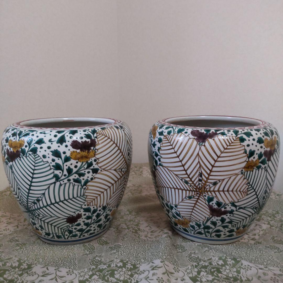 九谷焼柏葉文　火鉢　一対　木箱付き