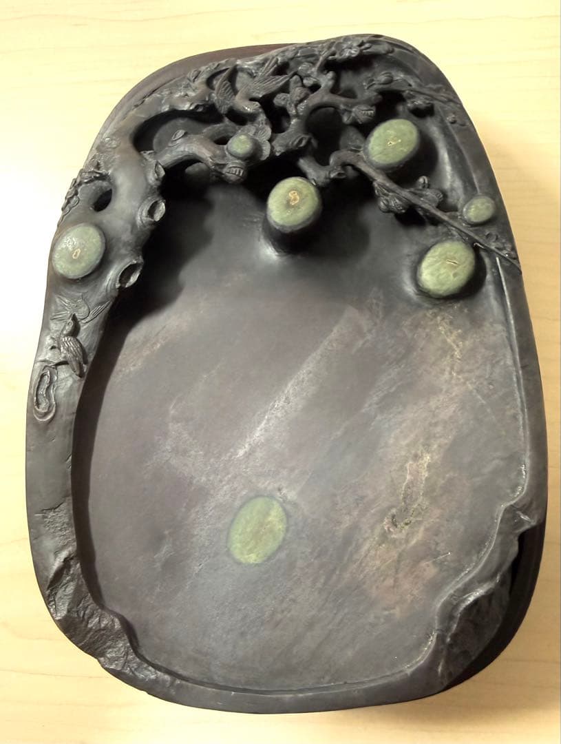 未使用 中国硯 端渓硯 斑点 石眼 硯 書道具 花鳥文 約3キロ