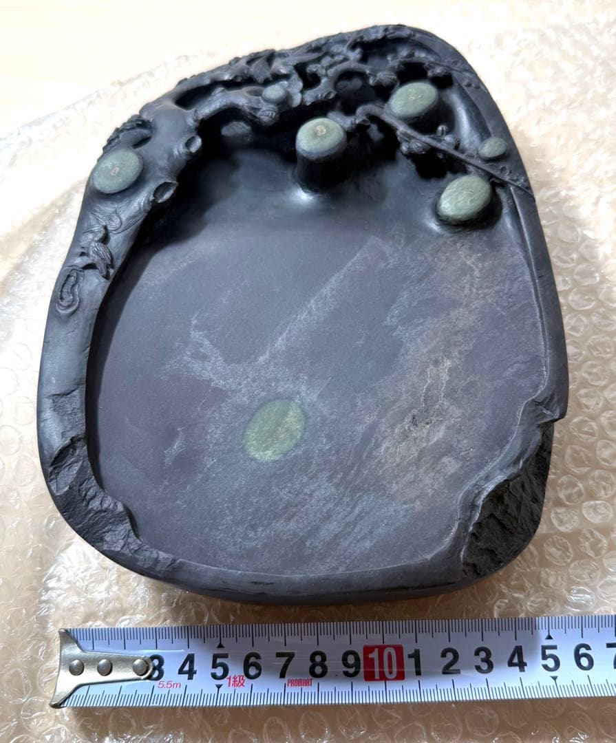 未使用 中国硯 端渓硯 斑点 石眼 硯 書道具 花鳥文 約3キロ