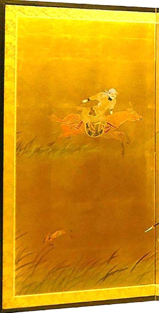 四つ折り屏風　日本画　金箔彩色　蒙古襲来図