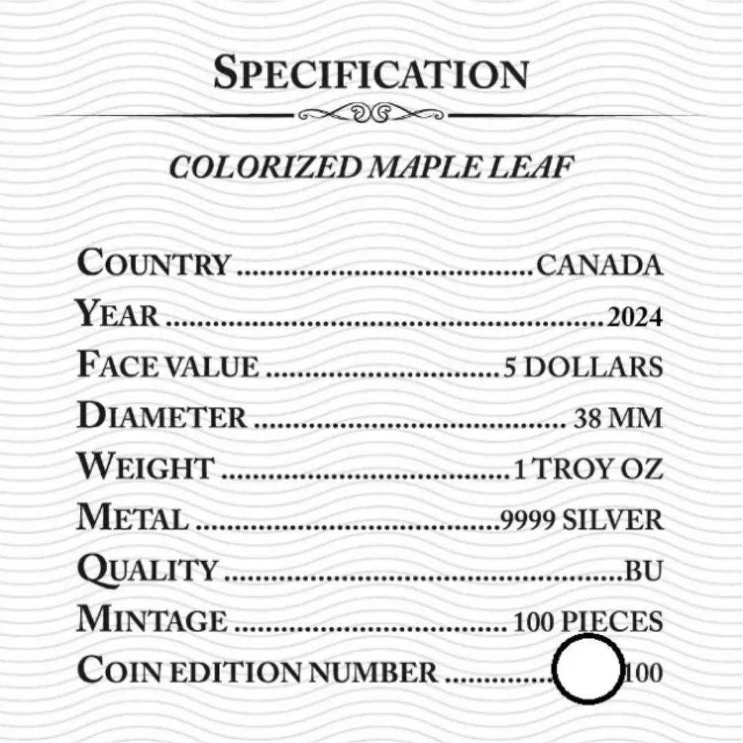 世界100枚限定！ メイプルリーフ 銀貨 カラー スズメバチ 森の自然融和