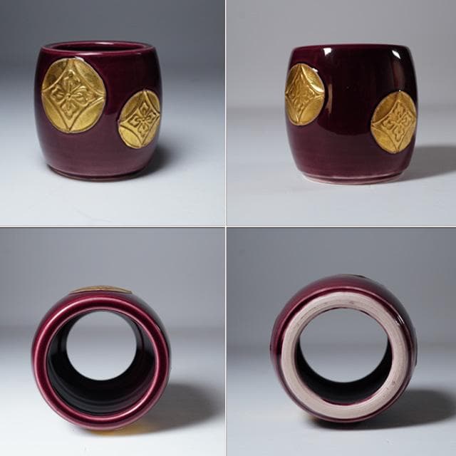 御室窯　紫交趾七宝文皆具　共箱　茶道具　水指　杓立　建水　蓋置