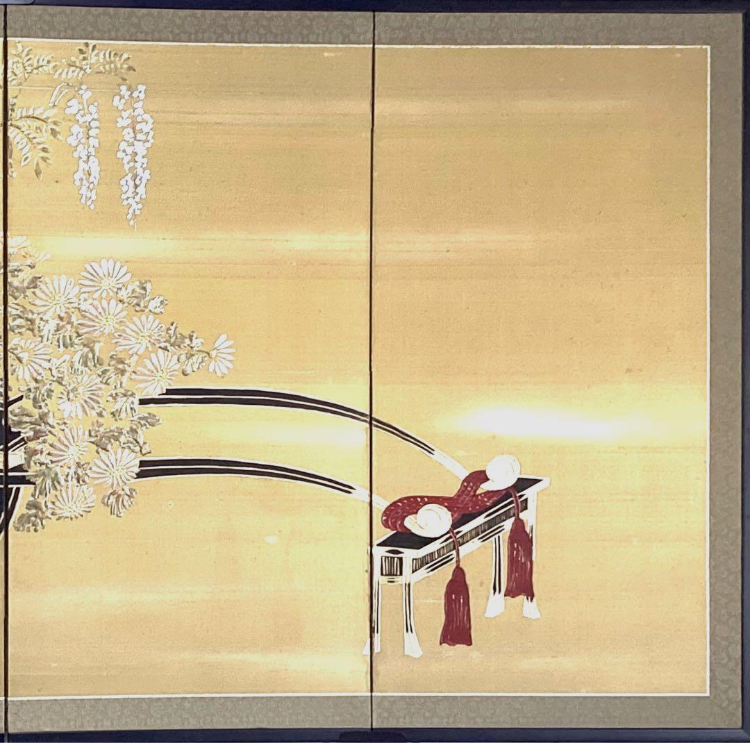 四つ折り屏風　日本画　金箔彩色　『花車』